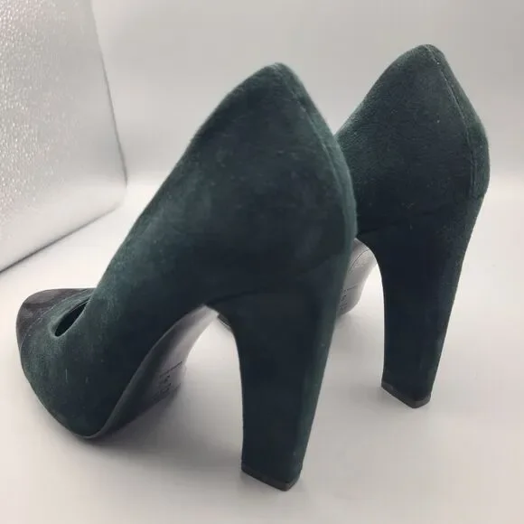 Prada Heel Pumps Shoes Donna Calzature Green Black Suede Cap Toe Sz 6 36 Used - Picture 6 of 10
